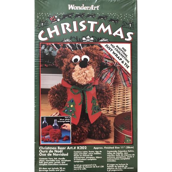 Vintage 1994 WonderArt Christmas Bear K202 No Knitting Crocheting Wrap Tie Yarn - Picture 1 of 4